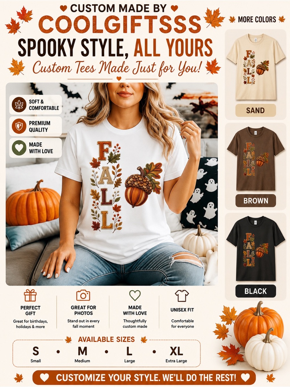 "FALL" Graphic Tee - welcome fall faux embroidered new made to order S M L XL